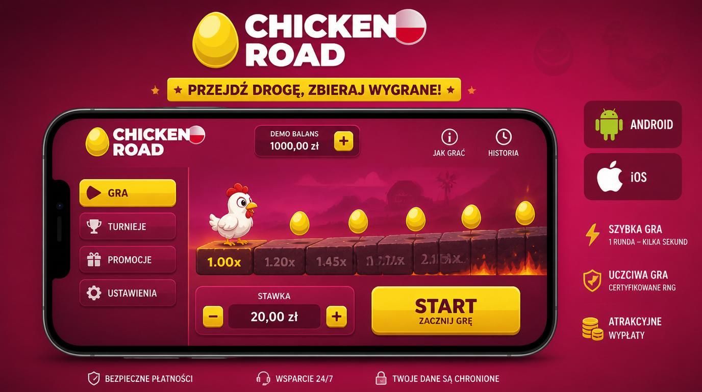 Interfejs mobilny Chicken Road z przyciskami stawki i startu na smartfonie.