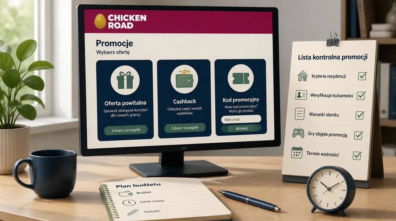 Panel promocji z polem na kod, kartą cashbacku i listą warunków do sprawdzenia przed aktywacją