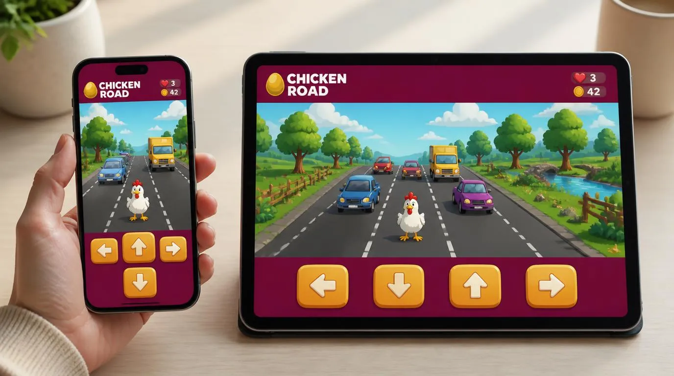 Telefon i tablet z ilustracją kurczaka przechodzącego przez drogę oraz czytelnymi przyciskami dotykowymi