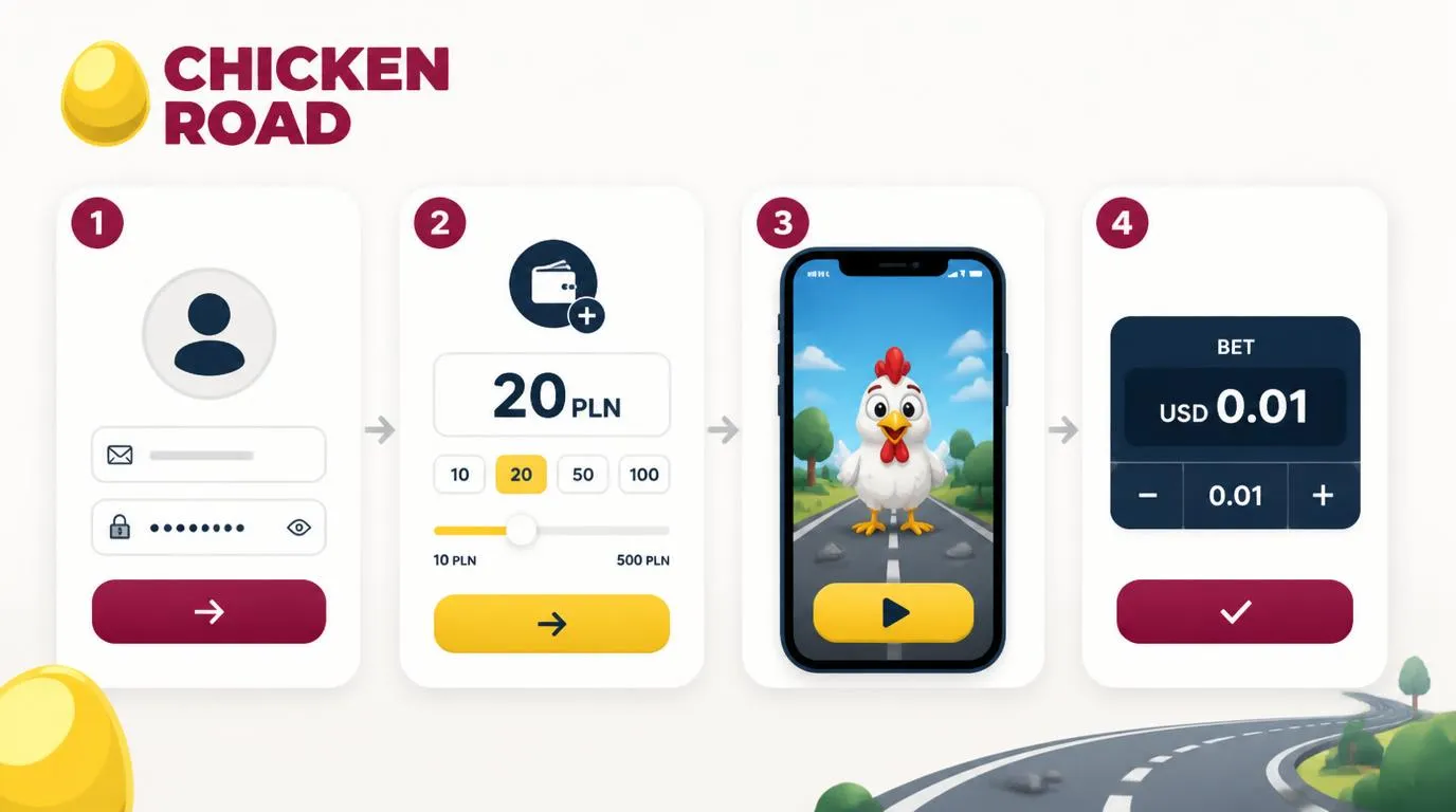 Cztery kroki rozpoczęcia gry - rejestracja, wpłata w złotych, uruchomienie gry i ustawienie stawki