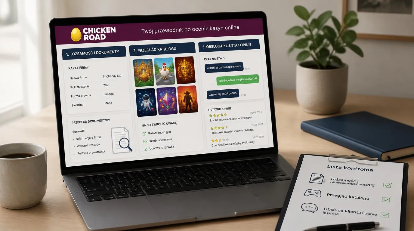 Laptop z listą kontroli operatora kasyna, katalogiem gier i panelem kontaktu z obsługą
